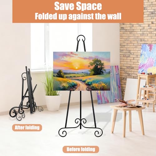 46" H Adjustable Metal Display Easel - Vintage Black Scroll Design, Rust-Proof Metal Stand for Showcasing Pictures, Artlork, Picture Frame and Wedding Signs