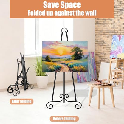 46" H Adjustable Metal Display Easel - Vintage Black Scroll Design, Rust-Proof Metal Stand for Showcasing Pictures, Artlork, Picture Frame and Wedding Signs