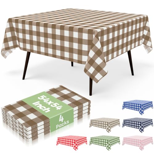misaya 4 Packs 54 x 54 Inch Buffalo Disposable Table Cloth, Waterproof Plastic Tablecloth, Square Brown and White Checkered Table Covers for Picnic, Birthday, Party - color: Brown and White, size: 54" X 54"