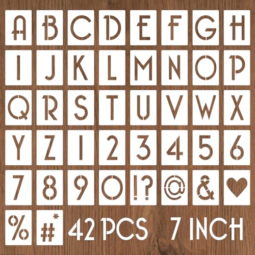 YEAJON 7 Inch Letter Stencils and Numbers, 42 Pcs Alphabet Drawing Stencils, Reusable Plastic Craft Templates for Painting on Wood, Wall, Fabric, Rock, Signage - size: 7 Inch