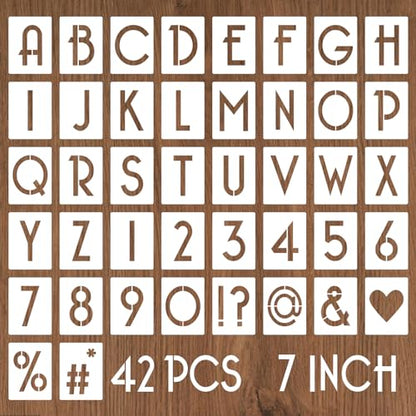 YEAJON 7 Inch Letter Stencils and Numbers, 42 Pcs Alphabet Drawing Stencils, Reusable Plastic Craft Templates for Painting on Wood, Wall, Fabric, Rock, Signage - size: 7 Inch