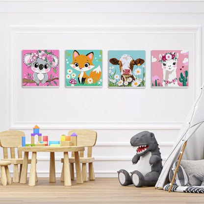 QENSPE 4 Pack Paint by Numbers with Wooden Frame, Cartoon Animals Painting by Number, DIY Cute Animal Acrylic Oil Paints Arts on Canvas, Home Wall Decor Gift 8X8 inch - color: Koala+Fox+Cow+Alpaca