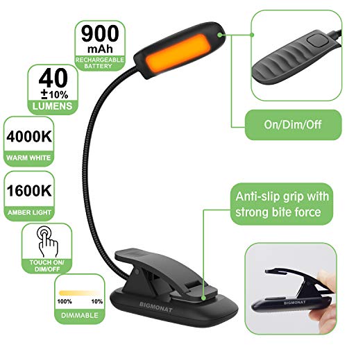 BIGMONAT Led Book Reading Light, Rechargeable Amber Book Night Light, Portable Bendable Neck, USB, Brightness Adjustable, Reduces Eye Strain, Black - color: 1Pack - Black