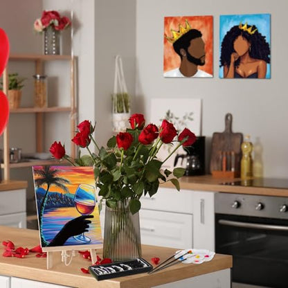 Ctosree 72 Pcs Lovely Couple Paint and Sip Kit for Adults 8'' x 10'' Pre Drawn Canvas for Painting DIY Pre Printed Canvas for Party Favor Afro Acrylic Painting Kit Wood Easel Brushes Date Night Bulk - style: Lovely Couple
