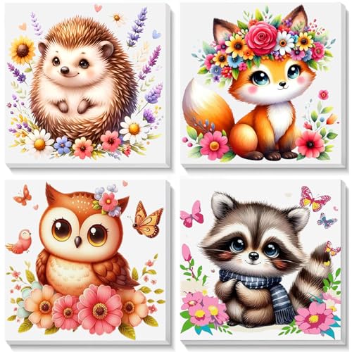 4 Pack Animal Paint by Number for Kids with Wooden Frame - Wooden Easel | Paint by Numbers for Kids Ages 4-8-12, Easy Owl Fox Hedgehog Raccoon DIY Oil Painting Kits for Home Wall Decor (8X8 inch) - color: BKH458+BKH459+BKH464+BKH465