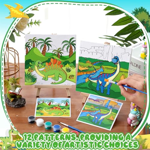 Tenceur 12 Sets Pre Drawn Canvas to Paint Adult Stretched Coloring Painting Canvas Panels with Design Easel and Brushes for Party Supplies Beginner Favor(Dinosaur) - style: Dinosaur