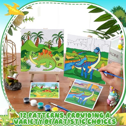 Tenceur 12 Sets Pre Drawn Canvas to Paint Adult Stretched Coloring Painting Canvas Panels with Design Easel and Brushes for Party Supplies Beginner Favor(Dinosaur) - style: Dinosaur