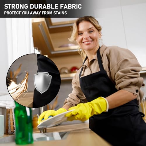 12 Pack Bib Apron, Unisex Restaurant Kitchen Aprons for Women with 2 Pockets, Chef Aprons for Cooking Men BBQ Painting Drawing Craft Plain Adults, Bulk Black