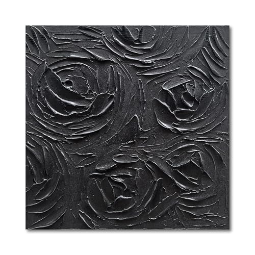 Art Hand-Painted Abstract Three-Dimensional Textured Black Rose Flower Art Oil Painting, 24x24 inches. Modern Minimalist Style Art. Suitable for Wall Decoration in Home Office - color: Yi127