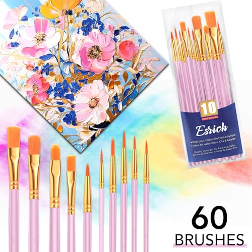 ESRICH 60PCS Pink Paint Brushes, Paint Brush for Acrylic Painting - color: Pink, size: 60