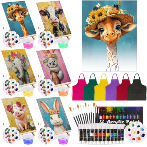 Cholemy 6 Set Paint and Sip Kit for Adults 8"x 10" Pre Drawn Canvas Painting with Wooden Easel Acrylic Paint Wash Cup Brushes Palette Apron for Painting DIY Adult's Date Party Supplies(Flower Animal) - style: Flower Animal