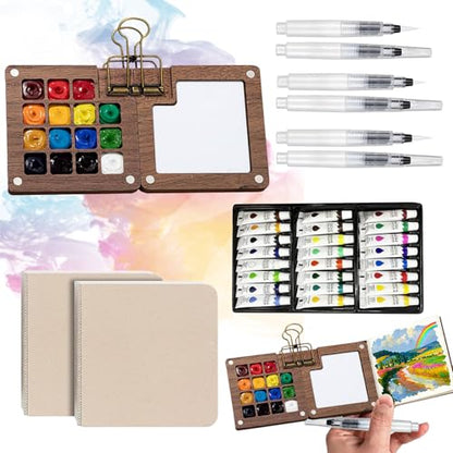 Tobeno1 Mini Watercolor Paint Set, Wooden Mini Portable Paint Palette Travel Kit, with Paint, Brush, Sketchbook & Copper Clip, for Beginners, Artists & Painting Enthusiasts (1 Set)