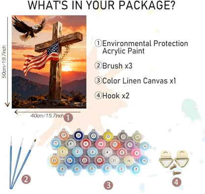 Independence Day Paint by Numbers Kit for Adults Beginner,4Th of July Acrylic Paint by Number Kits on Canvas,Bald Eagle and Cross Digital Oil Painting Art Kits for Home Decor without Frame 16x20 Inch.