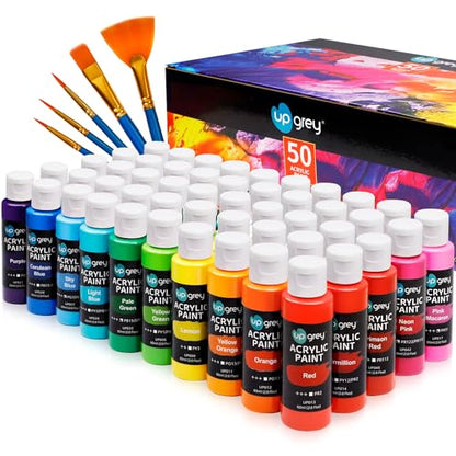 UPGREY 50 Colors Acrylic Paint Set, Non Toxic Art Paints (2fl Oz/60ml Each) With 5 Craft Paint Brushes, Metallic Acrylic Paints Kids Adults for Canvas Crafts Stone Wood Ceramic And Model Painting | 50 Vibrant Acrylic Colors,60mL Bottles,5 Brushes Included