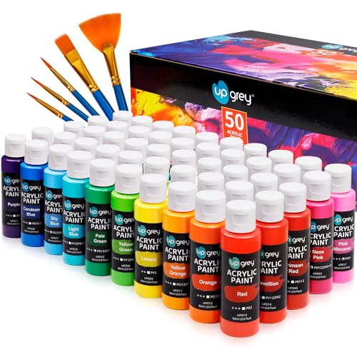 UPGREY 50 Colors Acrylic Paint Set, Non Toxic Art Paints (2fl Oz/60ml Each) With 5 Craft Paint Brushes, Metallic Acrylic Paints Kids Adults for Canvas Crafts Stone Wood Ceramic And Model Painting | 50 Vibrant Acrylic Colors,60mL Bottles,5 Brushes Included