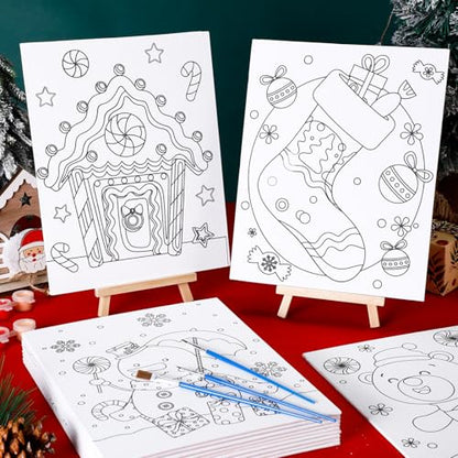 Sherr 96 Pcs 12 Sets Pre Drawn Canvas Kit for Painting Craft Sip and Paint Kit for Adults Pre Printed Canvas Painting Favor for DIY Birthday Gifts Adult's Date Party, 8 x 10 Inches(Christmas) - style: Christmas