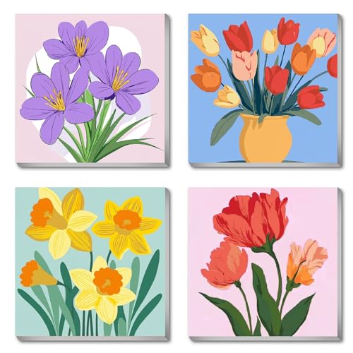 Canrichshop 4-Pack Framed Flowers Paint by Numbers Kit for Adults Beginner & All Ages 8-12 and More,Oil Painting by Numbers for Kids, DIY Number Paint Decor Present 8X 8 inch - color: BKH2329+BKH2330+BKH2331+BKH2332