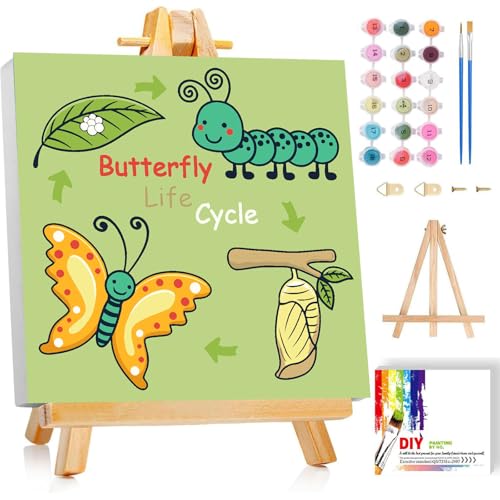 Gemozaic Butterfly Paint by Numbers Kit for Kids with Frame and Easel, Butterfly Life Cycle Framed Kids Paint by Number on Canvas Age 6-8-12 for Gift, Home, Wall Decor, 8x8 Inch - color: BKH1971