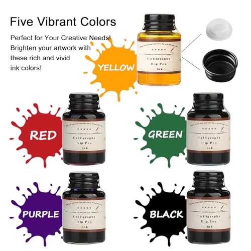 MU-02 Calligraphy Pen Set, Glass Dip Pen and Handcrafted Wooden Dip Pen Gift Set with 5 Colors Calligraphy Ink 6 Nibs, Calligraphy Set for Beginners