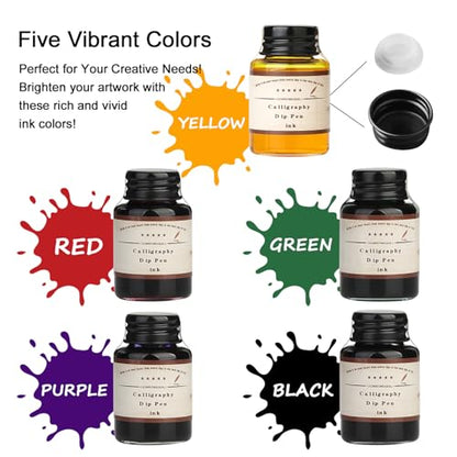 MU-02 Calligraphy Pen Set, Glass Dip Pen and Handcrafted Wooden Dip Pen Gift Set with 5 Colors Calligraphy Ink 6 Nibs, Calligraphy Set for Beginners