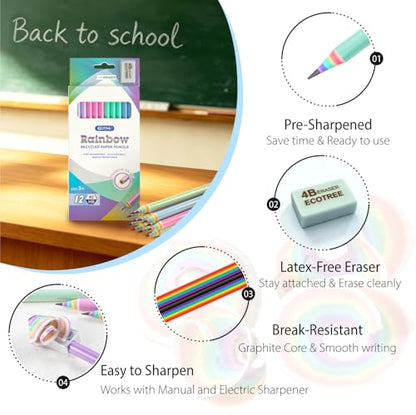 ECOTREE Pre-Sharpened Rainbow Pencils #2, Back to School Supplies, 12 Count | Cute Number 2 Pencils for Kids Students, Latex-Free Eraser, Eco Recycled Paper, Smooth Writing, Drawing, Fun Classroom Gifts