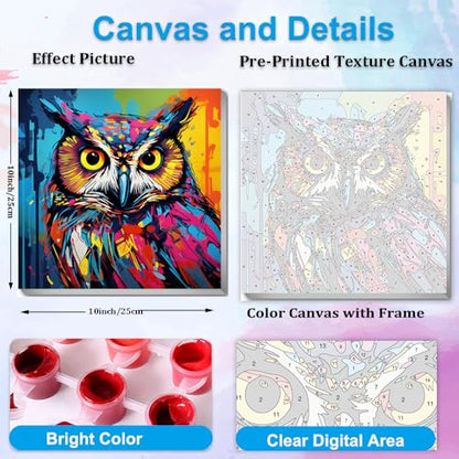 Artunion Framed Paint by Numbers Kit for Adults Beginners & Kids Ages 8-12,Colorful Owl Paint by Number with Frame,Animal Watercolor Paint by Numbers Kit on Canvas 10 * 10 Inch Without Easel - color: ZXT-388-F