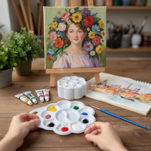 Paint Palettes, 50 Pcs, One Time Use Plastic, White 4.6 inch | Mini Watercolor Painting Palettes for Students, Kids, Paint Holder, DIY Craft Class, Paintings