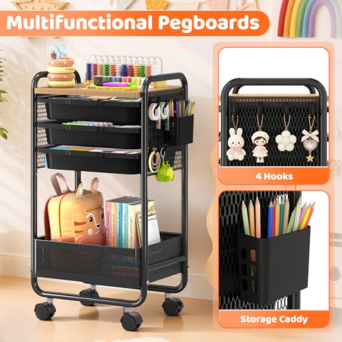 KINGRACK 3 Tier Rolling Cart with Drawer, Metal Utility Storage Cart, Black | 3 Drawers, Pegboard & Wood Tabletop, Lockable Wheels, 4 Hooks & 1 Bin, for Living Room,Bedroom,Craft Room,Office,Kids Room - color: Black
