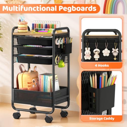 KINGRACK 3 Tier Rolling Cart with Drawer, Metal Utility Storage Cart, Black | 3 Drawers, Pegboard & Wood Tabletop, Lockable Wheels, 4 Hooks & 1 Bin, for Living Room,Bedroom,Craft Room,Office,Kids Room - color: Black