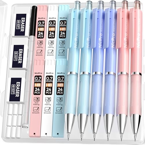 Nicpro Cute Mechanical Pencil, 0.7mm Pastel Pencils for School-6 Pack - style: 6 Pack (0.7mm)
