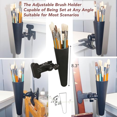 14 Paint Brushes Set with Brush Holder, Includes Hog Bristle & Weasel Hair Brushes for Oil, Acrylic, and Watercolor, Rotating Metal Clamp Convenient Storage and Positioning During Painting