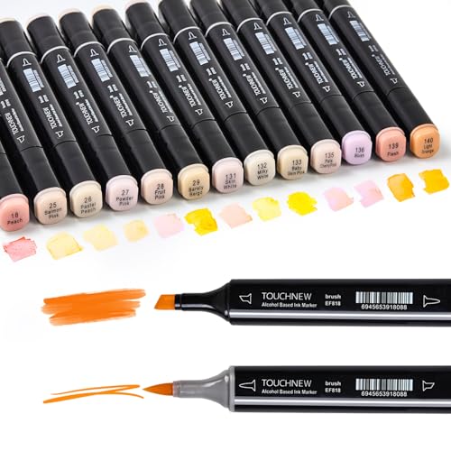 13Pcs Alcohol Markers Pure Color Series,Black Pen Barrel Dual Tip Soft Art Solid Color Markers Set for Adults Beginner Drawing Sketching (Skin Tone) - color: Skin Tone