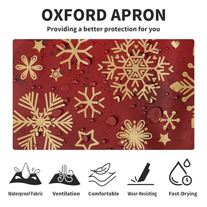 Winter Apron Gold Snowflakes Apron for Adult Red Christmas Aprons with Adjustable Strap Baking Aprons with Two Pockets for Cooking,Crafting, Painting - color: Gold Snowflakes