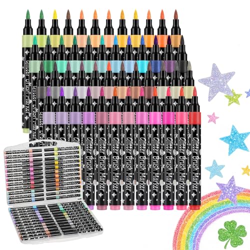 48 Glitter Brush Markers, Metallic Sparkle Water-Based Pens | Flexible Brush Tip | Coloring, Lettering, Card Making, Scrapbooking & DIY Crafts - size: 48 Colors