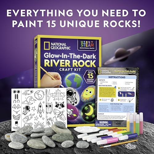 National Geographic Glow-in-the-Dark Rock Painting Craft Kit for Kids | 15 River Rocks, 15 Paint Colors, Glow Paints, Brushes and Art Supplies, Kids Craft Activity, Creative Birthday Gift - style: Glow in the Dark