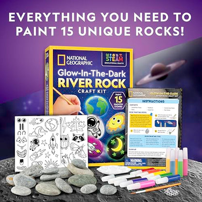 National Geographic Glow-in-the-Dark Rock Painting Craft Kit for Kids | 15 River Rocks, 15 Paint Colors, Glow Paints, Brushes and Art Supplies, Kids Craft Activity, Creative Birthday Gift - style: Glow in the Dark