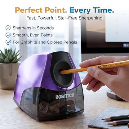 Bostitch Office Electric Pencil Sharpener for Classroom & Desk Use, Heavy-Duty Stall-Free Motor, High-Capacity Shavings Tray, Metallic Purple - color: Metallic Purple