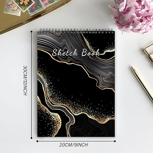 Deokke Sketchbook Top Spiral Bound Sketch Pad, 9 x 12 inch,100GSM Thick Paper,50 Sheets 100 Pages,Art Sketch Book Aesthetic Cute Drawing Writing Paper,for Girls Women-Black Marble - color: A-3-Black Gold