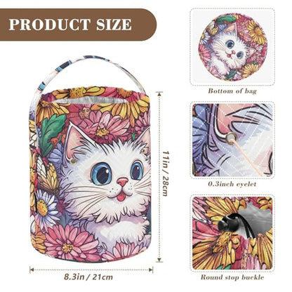 Cute Chrysanthemum Cats Butterflies Yarn Bag Small Crochet Bag Drawstring Yarn Storage Organizer Knitting Project Bags Potable Yarn Holder with Holes Handle Crocheting Needles Knitting Access - color: Cute Chrysanthemum Cats Butterflies