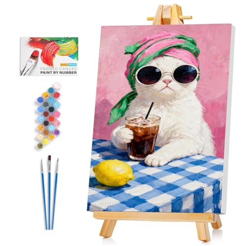 Framed Paint by Numbers Kit for Adults Beginner & Kids Ages 8-12, Funny Cat Paint by Numbers with frame, without Easel, DIY Acrylic Number Painting for Adults Animal for Home Decor Gift 8 x 12 Inch - color: XM-OP-F-CoolCat-2030