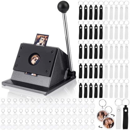 61 Pcs Button Keychain Photo Cutter Photo Booth Keychain Station DIY Kit Bulk 1in/25mm Button Paper Cutter 30 Double Sided Acrylic Frame Keyring 30 PU Leather Keychains for Wedding Party Gift