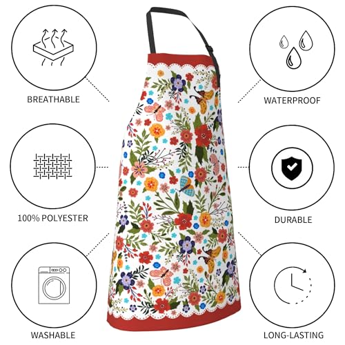 Funny Apron Polyester Grooming Aprons with Pocket for Cooking Kitchen Grilling Adults - color: Spring Flowers Red