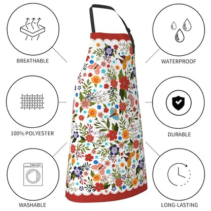 Funny Apron Polyester Grooming Aprons with Pocket for Cooking Kitchen Grilling Adults - color: Spring Flowers Red