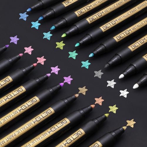 Betem Metallic Paint Markers, 18 Colors Acrylic Metallic Markers for Black Paper, 2mm Medium Tip Glitter Pens Scrapbooking Supplies, Teacher Appreciation Gift, Rock, Photo Albums, Card Making Kit - color: metallic18