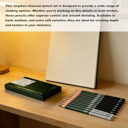 Sketchbook and Pencil Set - Spiral Bound Hardcover with 60 Sheets & 12 Charcoal Pencils (Hard/Medium/Soft) for Professional Artists and Beginners - color: Black