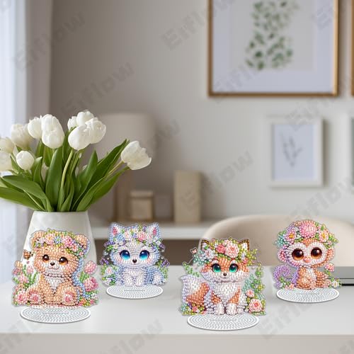 Eiflow 4PCS Diamond Art Tabletop Kit for Adults, DIY Desktop Diamond Art Painting with Stand, Acrylic Stand Up Gem Painting Board Kit (Animals) - color: Animals