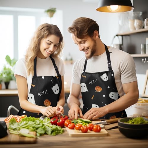 Halloween Kitchen Apron with Pockets Orange Pumpkin Cute White Ghost Chef Aprons Spooky Boo Holiday Waterproof Adjustable Aprons for Women Men Cooking - color: Ghost Pumpkin
