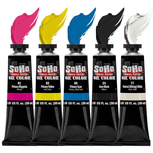 Soho Urban Artist Oil Paint Mixing Set of 5-170 mL Tubes, Triple-Milled Oils with Refined Linseed - Smooth Application, True Color Mixes, Ideal for Brushes & Palette Knives