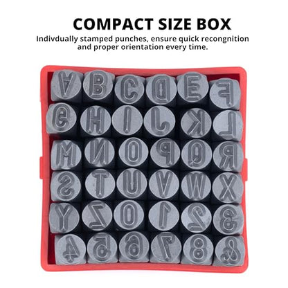 NEIKO 02633A Number and Letter Punch Set with Heat-Treated Steel Punches, Imprinting & Arts and Crafts, 3/16" (5 MM) Shaft, 36 Pc Stamp Set, Uppercase Letter & Number Punch Set (A-Z / 0-8 / "&") - size: 5mm - 3/16"
