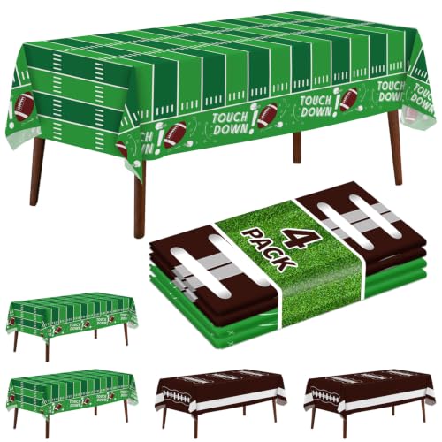 4 Pack Football Tablecloth Disposable Plastic Football Party Decorations Tablecloth 54 x 108 Inches Rectangle Table Cover for Party Theme Decoration Supplies (Green and Brown) - color: Green and Brown